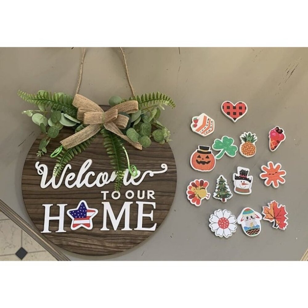 New Interchangeable Seasonal Welcome Sign Front Door Decoration, Rustic Round